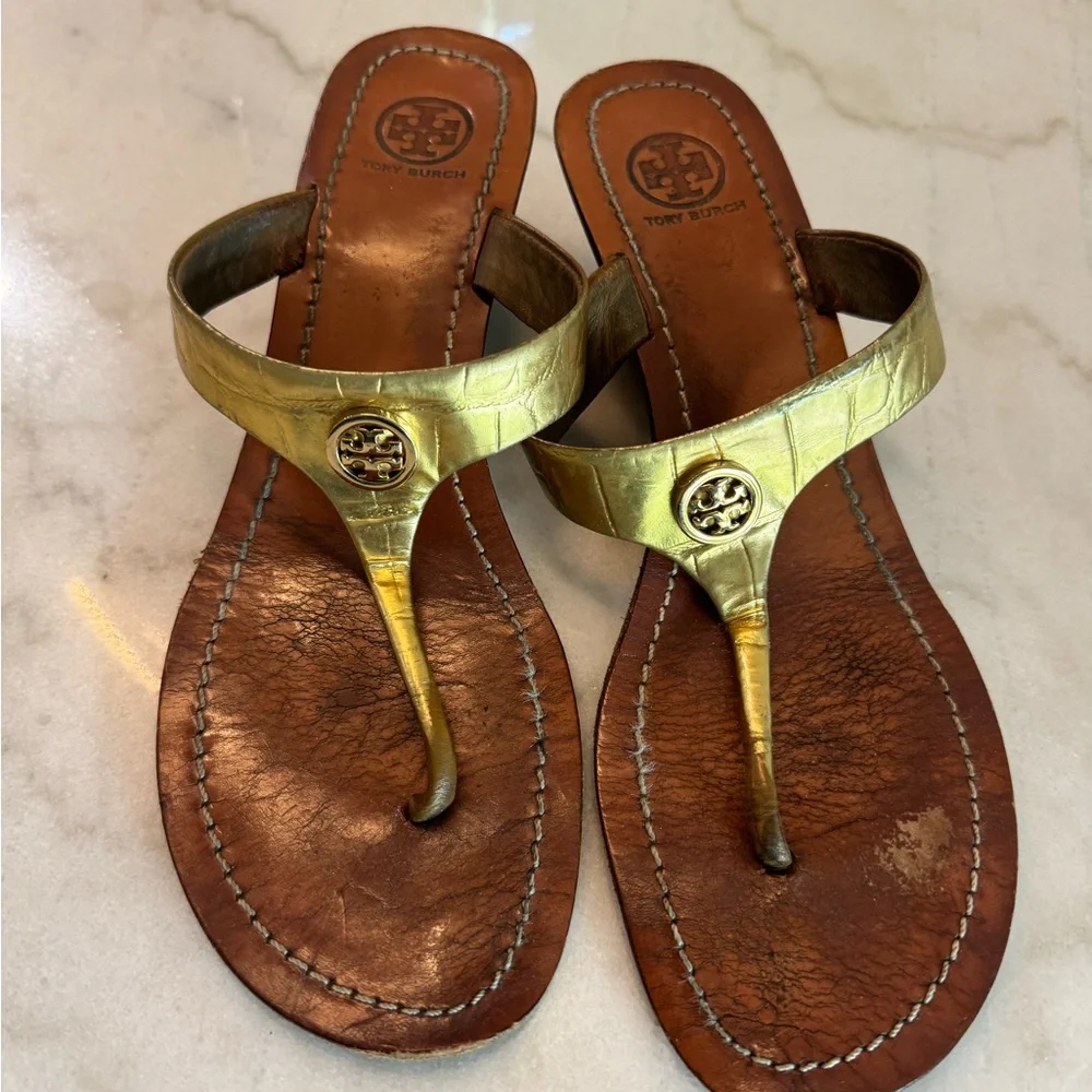 Tory Burch Gold Leather Thong Sandals
